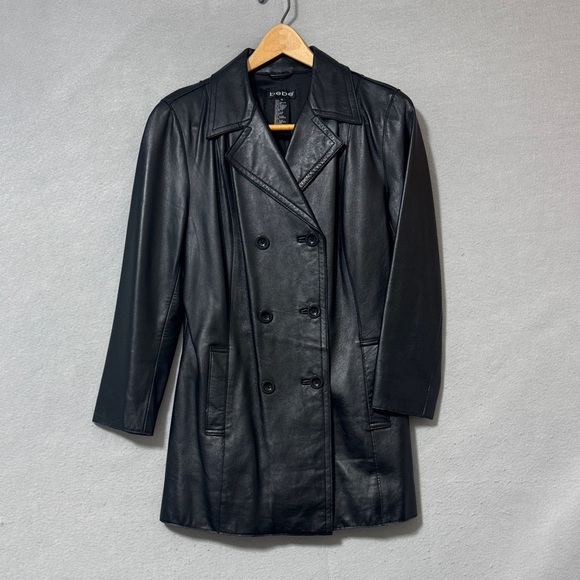bebe Jackets & Blazers - VTG BEBE BLACK LEATHER Double-Breasted COAT WOMENS MEDIUM JACKET Y2K
